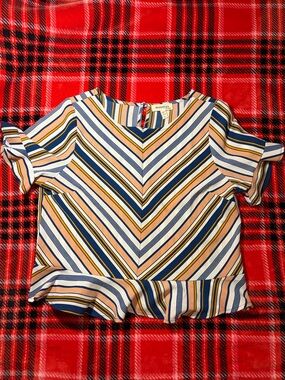 Monteau Striped V‑Neck Short Sleeve Top in Navy, Mustard & Cream